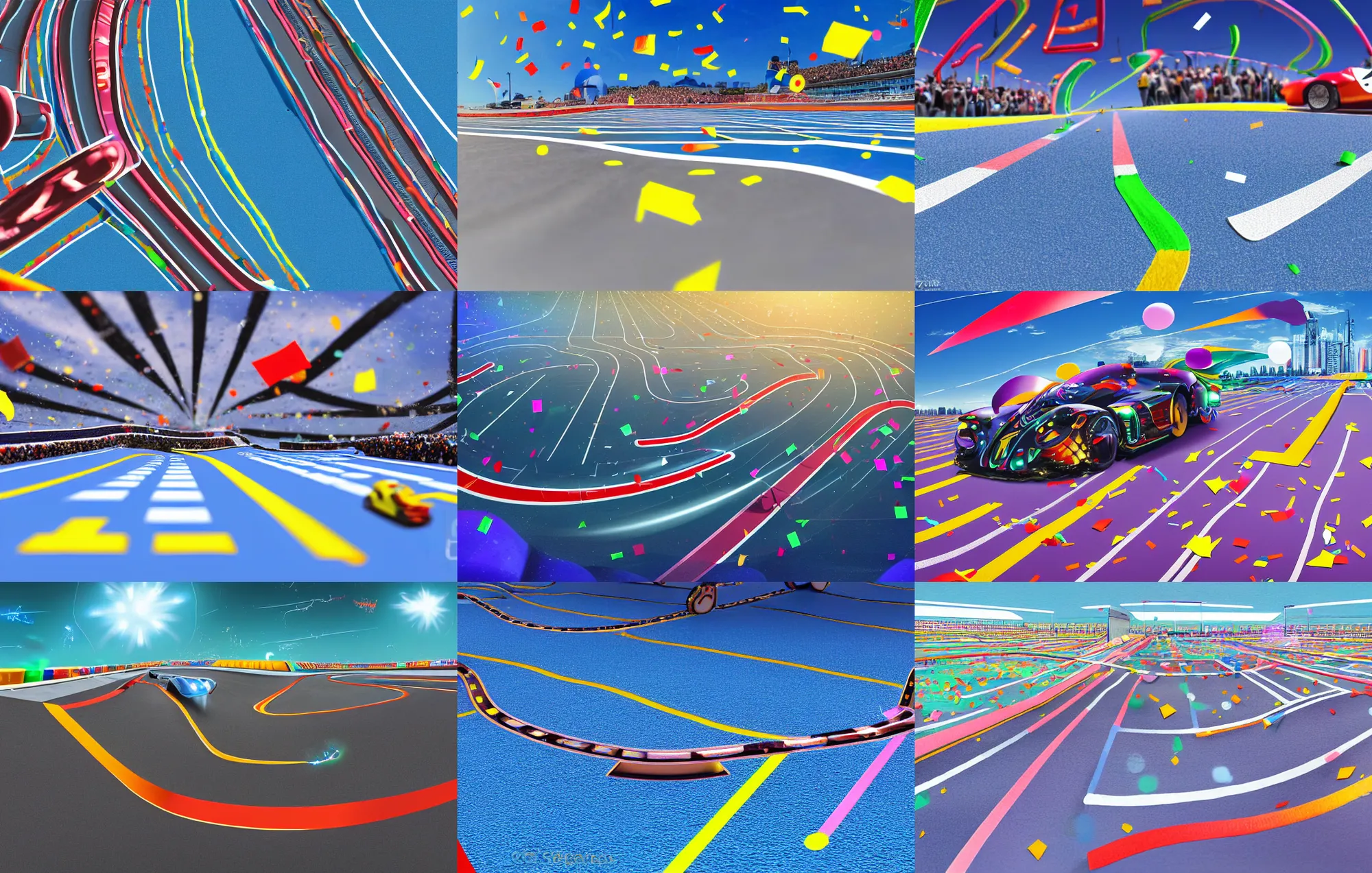 Prompt: low angle wide angle shot worms eye view of a realistic futuristic vehicle racetrack finish line with confetti on a sunny day with a clear blue cloudy sky, cyberpunk, digital painting, good value control, crowded stands, rule of thirds, golden ratio, horizon line focus, sharp focus, fourze, realistic textures, waveriders, f - zero, 8 k