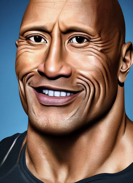 Image similar to a close up photograph of Dwayne Johnson with enormous eyes, a tiny mouth, and an incredibly wide nose