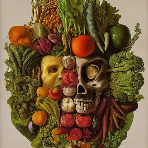 Image similar to portrait of benjamin netanyahu made of vegetables fruits flowers, vanitas, memento mori, by giuseppe arcimboldo