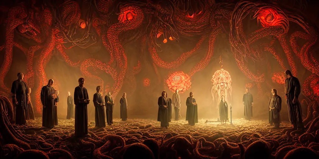 Prompt: portrait of circle group of priests invoking ritual in front of a giant lovecraft creature, intricate, glowing lights, highly detailed, sharp focus, wide - angle, atmospheric lighting, rich deep colors masterpiece, volumetric lighting, beautiful, rich deep colors masterpiece, sharp focus, ultra detailed by leesha hannigan, thierry doizon, kai carpenter
