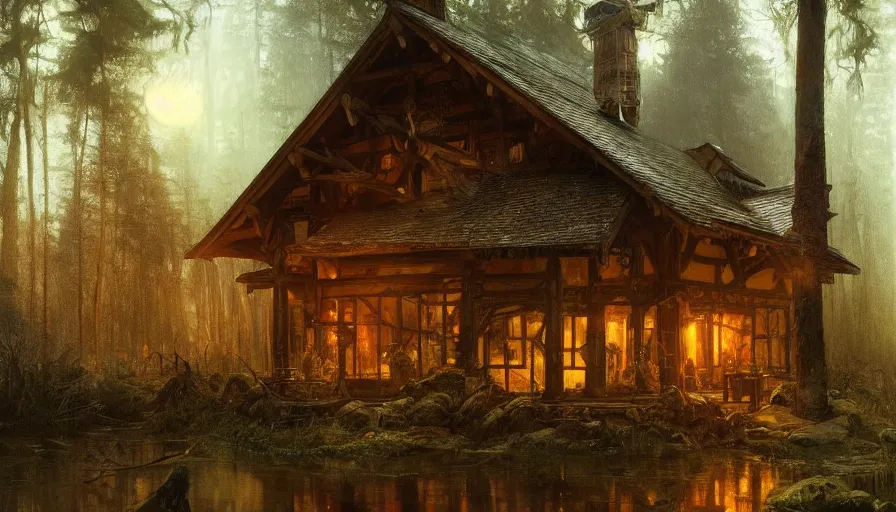 Image similar to a beautiful intricate painting of a log cabin in a dark evil fantasy forest, reflections, very high details by william turner art, greg rutkowski and alphonse mucha, trending on artstation, very very detailed, masterpiece,