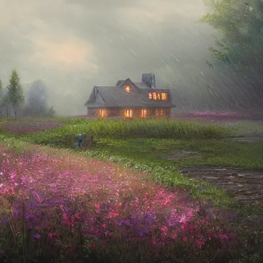 Image similar to a matte painting of a prairie, cottage close up, rain, foggy, patchy flowers, oil painting, pale colors, high detail, 8 k, wide angle, trending on artstation,