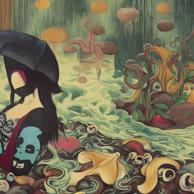 Image similar to tall female emo artist wearing a pig mask in her flooded apartment, mushrooms, octopus, water gushing from ceiling, painting of flood waters inside an artist's apartment, a river flooding indoors, pomegranates, ikebana, zen, rapids, waterfall, black swans, canoe, berries, acrylic on canvas, surrealist, by magritte and monet