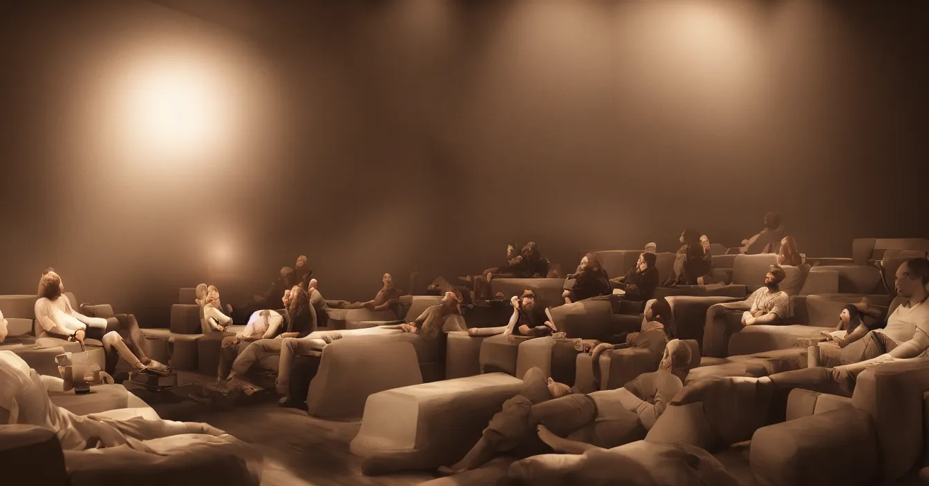 Image similar to human souls sit in cinema and watch warm light of consciousness projecting illusions of the lives on the big screen, deep sense of silence, contrast shading, unreal engine, vray,