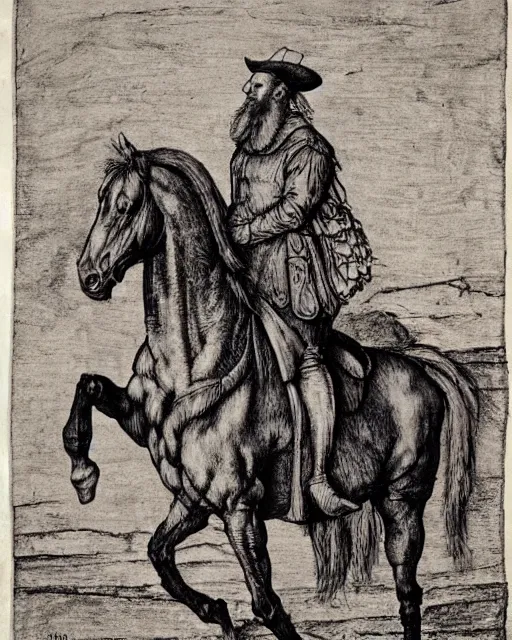 Image similar to man on horse, in the style of albrecht durer,