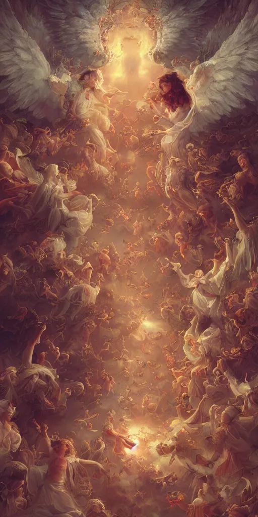 Image similar to breathtaking detailed concept art painting of angels in heaven, holy, ornate background, by hsiao - ron cheng, extremely moody lighting, 8 k