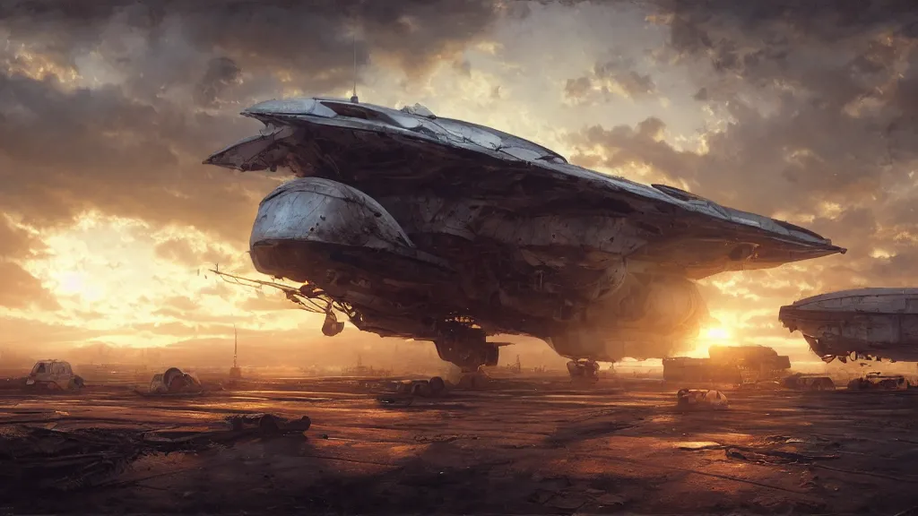 Image similar to a Photorealistic hyperrealistic render of a gigantic spaceship landing at a Junkyard by Greg Rutkowski,Vitaly Bugarov,Stephan Martiniere,Nicolas Bouvier SPARTH,James Paick, Juan Gimenez,PIXAR,dramatic moody sunset lighting,long shadows,Volumetric, cinematic atmosphere, Octane Render,Artstation,8k