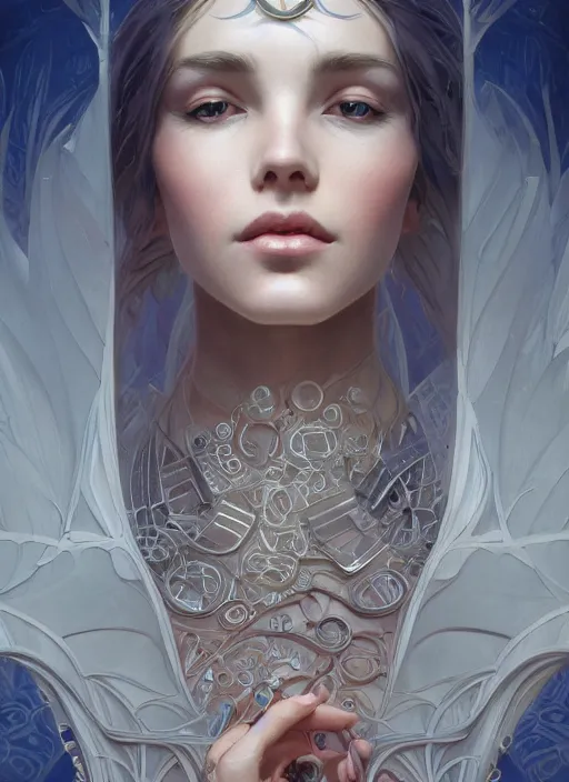 Image similar to symmetry!! sleeping beauty, machine parts embedded into face, intricate, elegant, highly detailed, digital painting, artstation, concept art, smooth, sharp focus, illustration, art by artgerm and greg rutkowski and alphonse mucha, 8 k