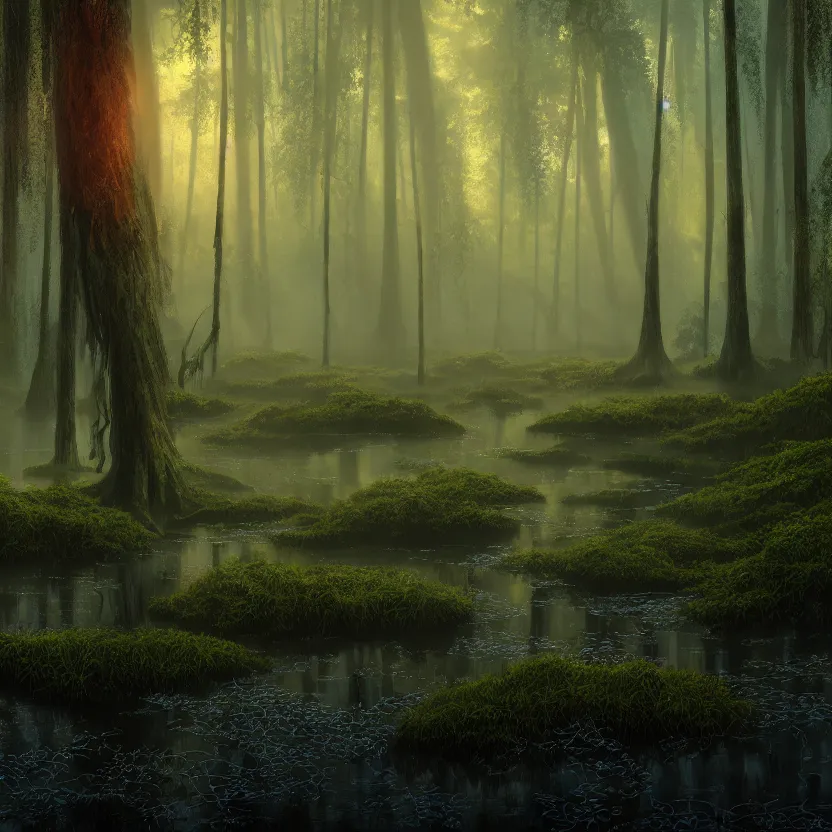 Image similar to a wet swamp with many big trees, dark colors, glowing plants, misty background, light rays, beautiful lighting, vivid colors, intricate, elegant, smooth, sharp focus, highly detailed digital painting, concept art, cinematic, unreal engine, 4 k wallpaper, svetlin velinov, tarmo juhola, artstation trending