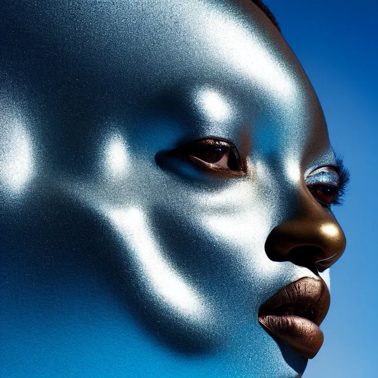 Image similar to portrait of metallic face, african woman, mercury, reflections, smooth liquid metal texture, proud looking, outdoor, nature, blue sky, 8 k, realistic, depth of field, highly detailed, art photography