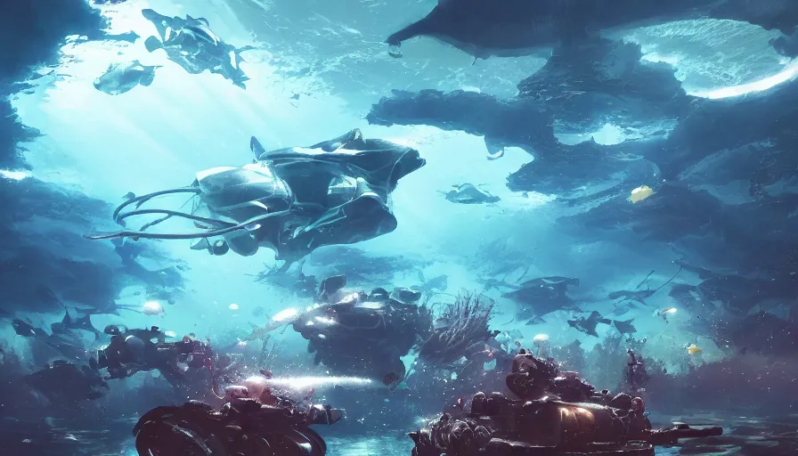 Image similar to underwater walking military mechs, glowing lights, tropical fish, manta rays, light, shadows, rippling reflections, epic composition, intricate, elegant, volumetric lighting, digital painting, highly detailed, artstation, sharp focus, illustration, concept art, ruan jia, steve mccurry