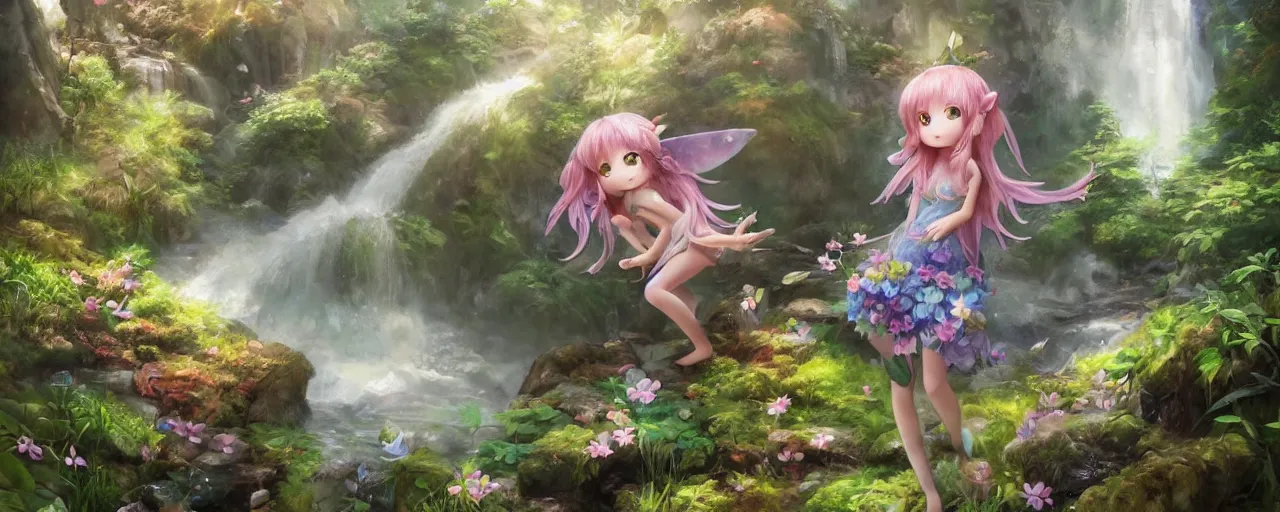 Prompt: adorable forest fairy in garden near waterfall and rainbow during a spring day, chibi, anime, highly detailed, digital painting, artstation, concept art, smooth, sharp focus, illustration, art by yee chong and sydney hanson and rossdraws and greg rutkowski