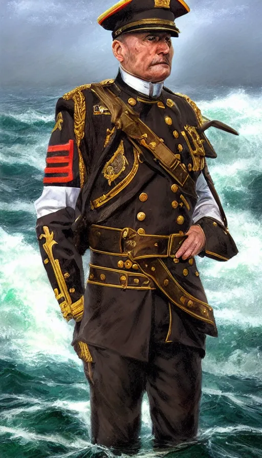 Prompt: proud commodore marine captain, stern look, late xix century commander vest, full body portrait xix immpresionist paint, wild ocean background, highly detailed, digital painting, artstation, concept art, sharp focus, illustration, art by Artgerm, Greg Rutkowski, Craig Mullins, WLOP, Ross tran, James Jean, Andrei Riabovitchev, magic the gathering, - W 640