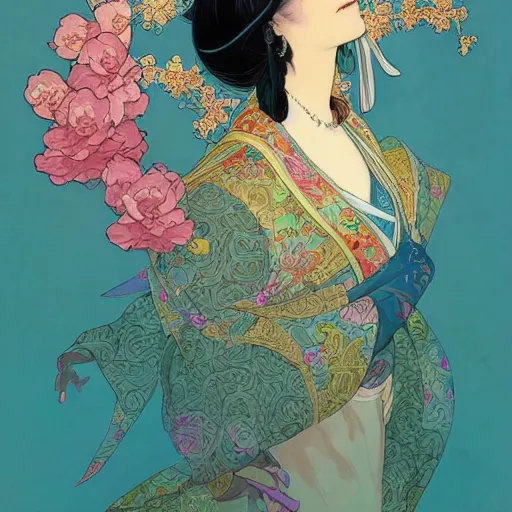 Image similar to asian princess portrait, with a flower kimono, stylized illustration by peter mohrbacher, moebius, mucha, victo ngai, colorful comic style