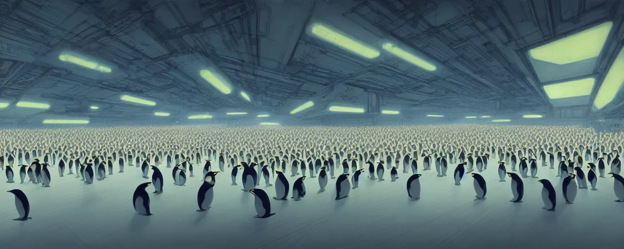 Prompt: duotone concept illustration wide angle of many emperor penguins in scifi computers room. cinematic scene. volumetric lighting. golden ratio accidental renaissance. by sachin teng and sergey kolesov and ruan jia and heng z. graffiti art, scifi, fantasy, hyper detailed. octane render. concept art. trending on artstation