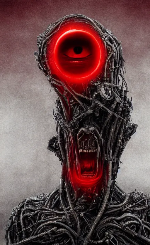 Prompt: full body portrait of chrome terminator, glowing red eyes, by wayne barlow, stanley donwood, anton semenov, zdzislaw bekinski, hr giger, 8 k, fantasy, dark, highly detailed