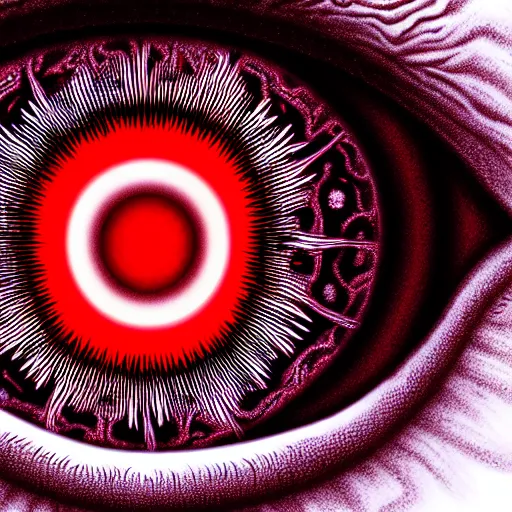 Prompt: a detailed extremely close up of inside the iris, cornea, red image, microscopic, extremely close up drawing by junji ito, cgsociety, generative art, lovecraftian, parallax, cosmic horror, extremely detailed, hyperrealism, unreal engine, octane render, award winning, masterpiece, highly detailed, realistic, 4 k, digital