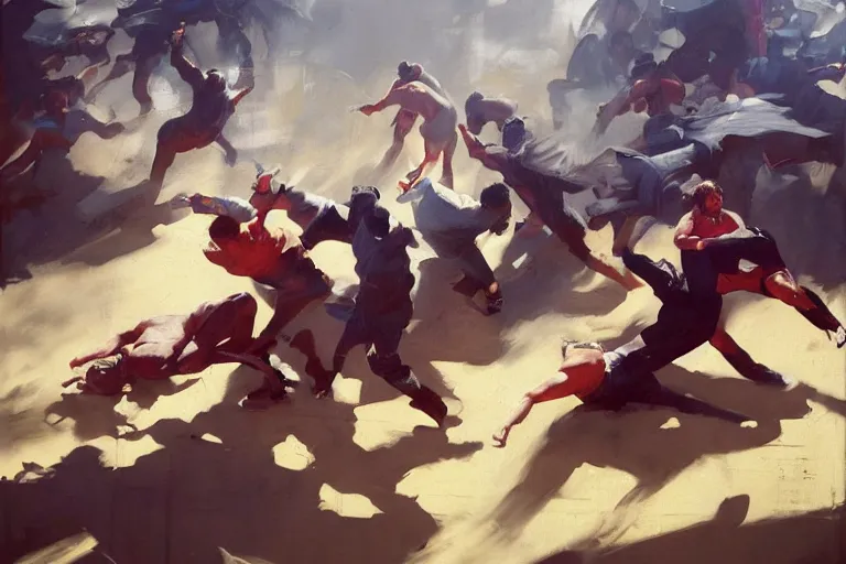 Prompt: greg manchess portrait of people falling over each other in an arena, profile picture, organic painting, sunny day, matte painting, bold shapes, hard edges, street art, trending on artstation, by huang guangjian, gil elvgren, ruan jia, randy vargas, greg rutkowski