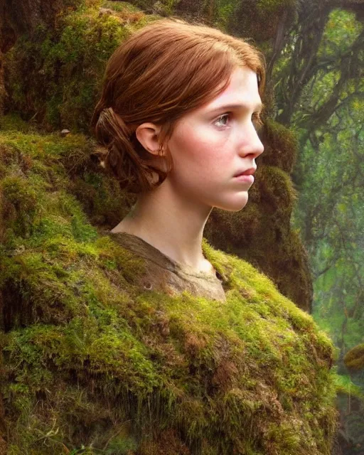 Image similar to a well - lit, realistic portrait oil painting of a thoughtful girl resembling a young, shy, redheaded irish alicia vikander or millie bobby brown in moss - covered ancient stone ruins at sunset, highly detailed, intricate, concept art, artstation, by donato giancola, ron cobb, and artgerm