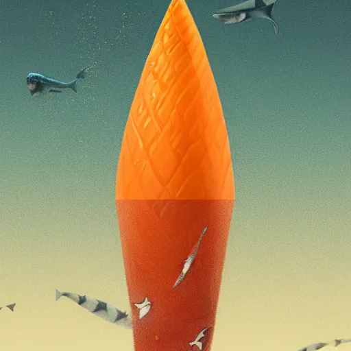 Prompt: cracked orange and white striped traffic cone with shark teeth breaking through the cracks, ocean background detailed atmospheric - ron cheng & alphonse mucha, highly detailed, digital painting, ray tracing, concept art, illustration, smooth sharp focus, intricate, symmetry, artstation,