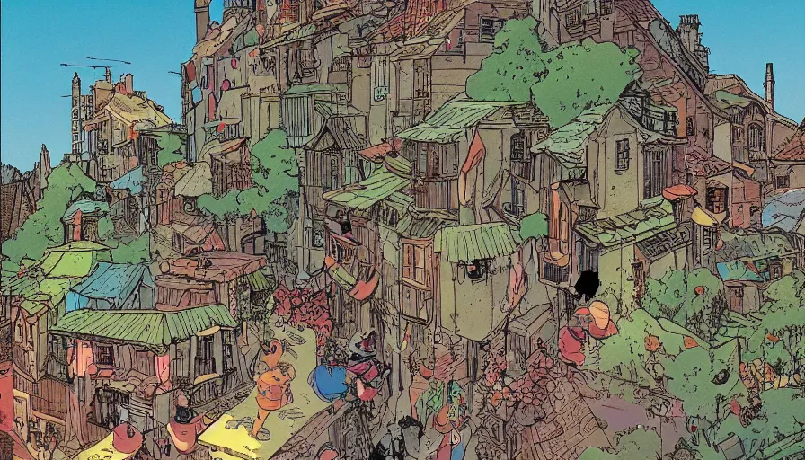 Image similar to ligne claire art of a sparse village intertwined with nature, street-level view, by Moebius, bright colors, Eisner award-winning spread