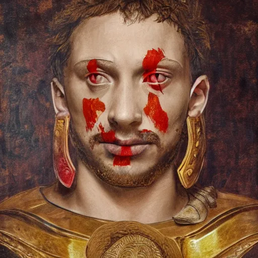Image similar to Sam Hyde as a Roman warrior wearing gold and red armor, elegant suit, looking at bloody fist, portrait art by Leonardo da Vinci, highly detailed, digital painting, concept art, illustration, dim lighting with twilight rays of sunlight, trending on artstation, very detailed, smooth, sharp focus, octane render, close up