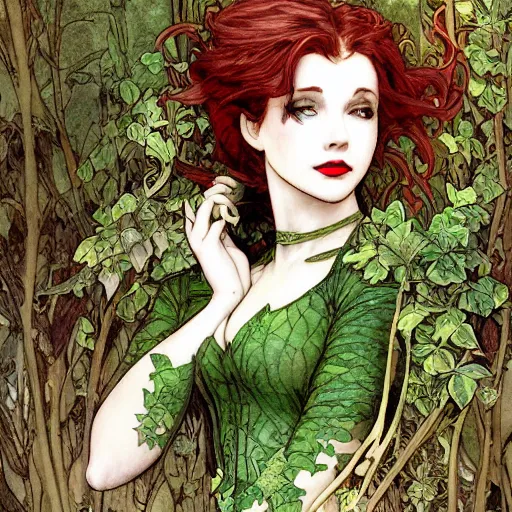 Image similar to a beautiful and detailed matte painting of a poison ivy dressed casually in clothes from hot topic, food court in a mall, dark eyeliner, intricate, elegant, highly detailed, digital painting, artstation, concept art, matte, sharp focus, illustration, art by rebecca guay and by arthur rackham and by alphonse mucha and by john william waterhouse