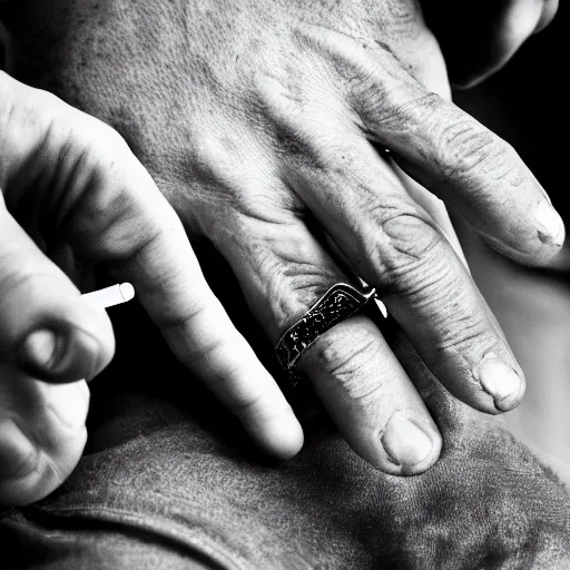 Image similar to normal man's hand with five fingers and a ring and a cigarette between the fingers