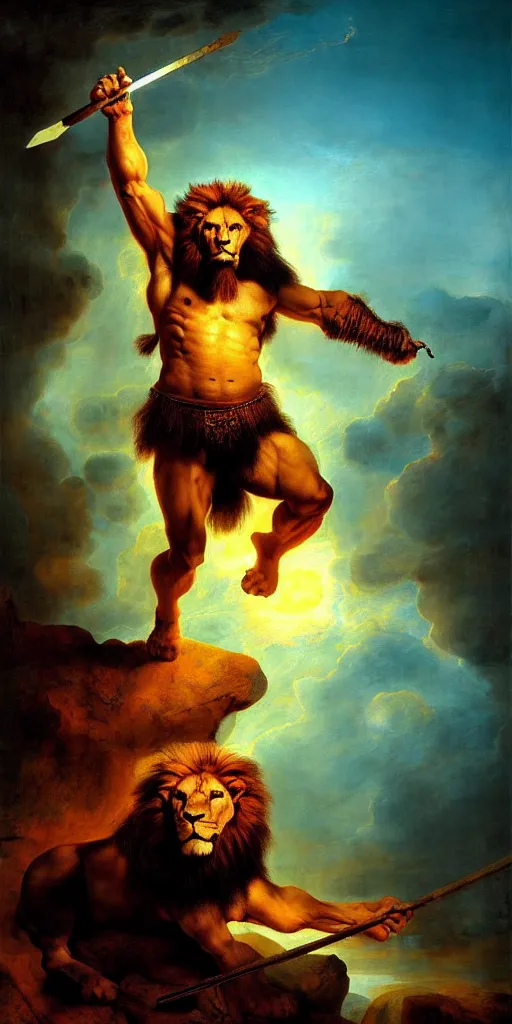 Prompt: muscular lion barbarian hunter full body in portrait pose, sun rays , red planet explosion in cyan background , very textured detailed oil painting by rembrandt , hard backlight , in dark cave