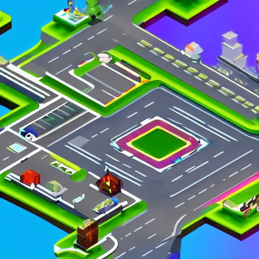 Prompt: front on isometric bismuth city streets, front on isometric video game