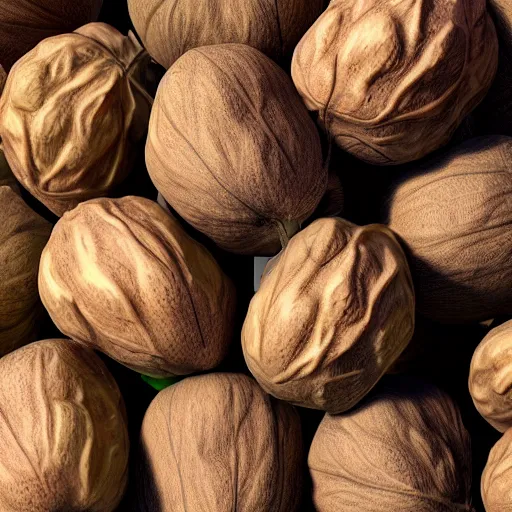 Image similar to 3 d render of 2 walnuts with eyes staring at someone sitting down