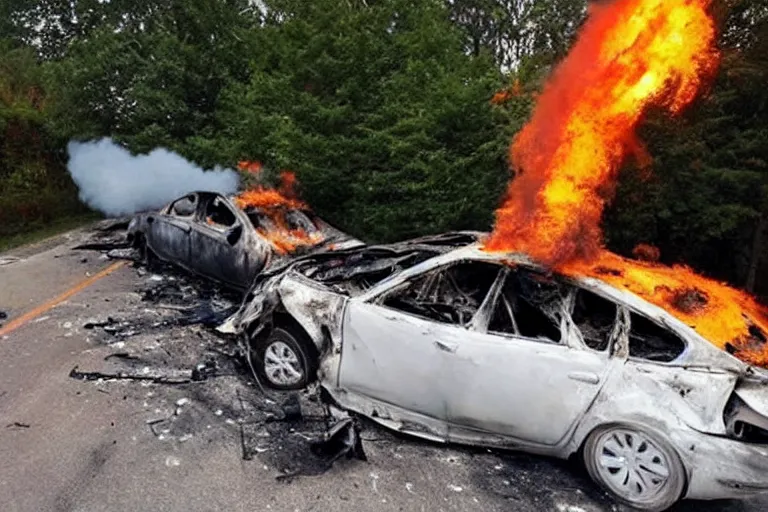Image similar to a perfectly timed photo of a fiery car crash