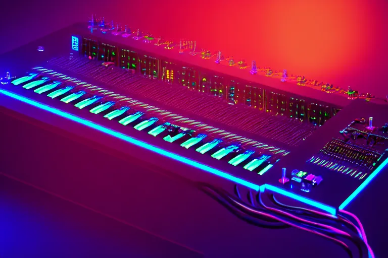 Image similar to dream synthesizer, led, cables and wires, knobs, faders, modular, vaporwave, retro wave, trending on artstation, octane render