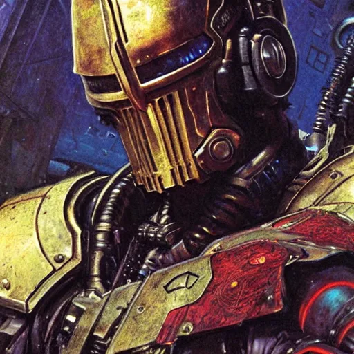 Image similar to the doomslayer as a cyberpunk knight, closeup portrait art by norman rockwell and donato giancola and greg rutkowski