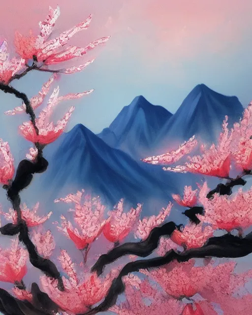 Image similar to a beautiful painting of peach blossoms on the clouds, brilliant peaks, dense fog, early morning, by by yoneyama mai, trending on artstation