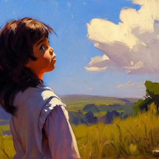 Image similar to Greg Manchess painting of dora the explorer, countryside, fantasy character portrait, dynamic pose, above view, sunny day, thunder clouds in the sky, artwork by Jeremy Lipkin and Giuseppe Dangelico Pino and Michael Garmash and Rob Rey, very coherent asymmetrical artwork, sharp edges, perfect face, simple form, wacky, 100mm