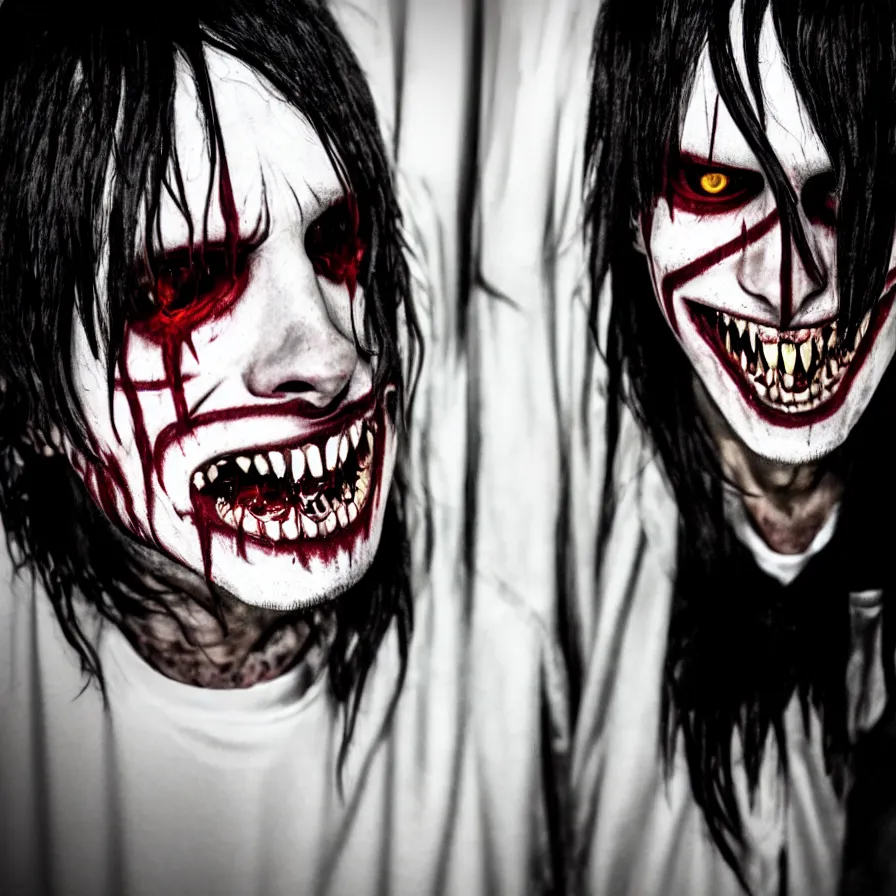 Prompt: jeff the killer sneaking through your window at night with devious intent, his smile is very wide, vivid lighting, highly detailed, hyper realistic, many colors