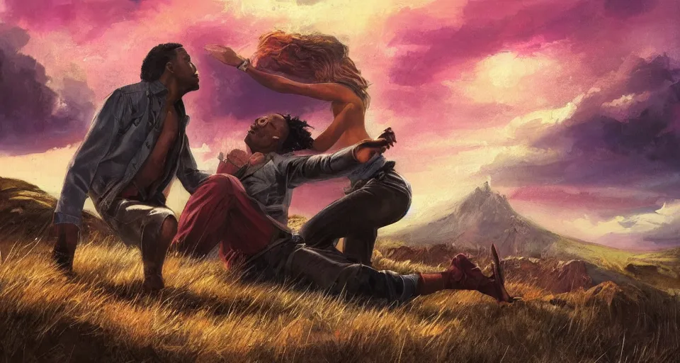 Image similar to a painting of a man and a woman on a hill, a screenshot by Zack Snyder, behance contest winner, afrofuturism, concert poster, behance hd, movie poster,