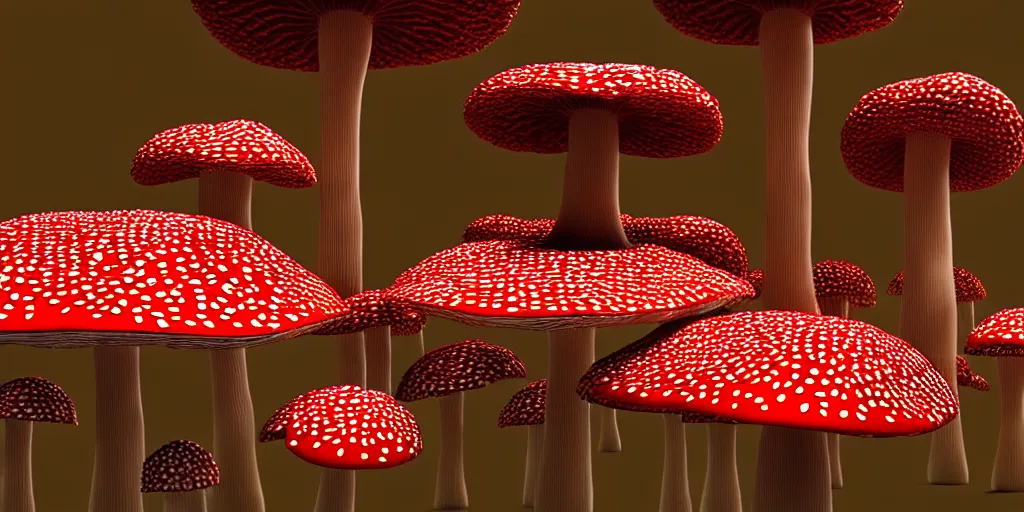 Image similar to a 3 d render of an amanita muscaria mushroom giant with tiny people below looking up at it,