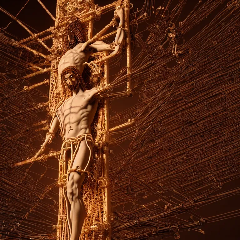 Prompt: biomechanical religious sculpture statue of jesus on cross made of wires cables tubes, cyberpunk, baroque painting, beautiful detailed intricate insanely detailed octane render, 8K artistic photography, photorealistic, chiaroscuro, Raphael, Caravaggio, lit by colorful pastel neon lights