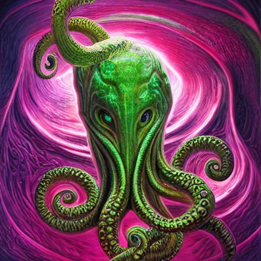 Image similar to photorealistic swirling abstract rendition of cthulu by michael whelan. hyperdetailed photorealism, 1 0 8 megapixels, amazing depth, glowing rich colors, powerful imagery, psychedelic overtones, 3 d finalrender, 3 d shading, cinematic lighting, artstation concept art