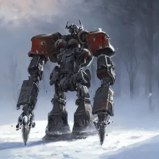 Image similar to russian walking steam mecha machine in the snow, Rozalski, trending on artstation