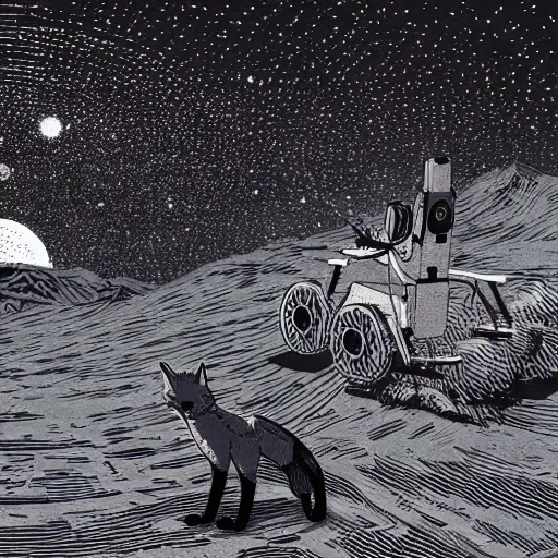 Prompt: a lone fox and a robot rover on the desert looking at the night sky by woodblock print, nicolas delort, moebius, victo ngai, josan gonzalez, kilian eng