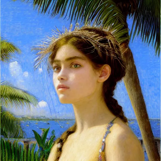 Image similar to a ultradetailed beautiful painting of a girl in the amazonas palace balustrade designed by jules bastien - lepage, tarsila do amaral, frank weston and gustave baumann, beach, trending on artstation, mediterranean, palm trees, hyper detailed face, sharp focus, soft light, 8 k 4 k