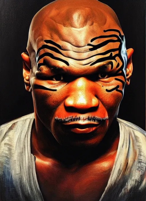 Prompt: oil portrait of mike tyson : : evocative of lurid, grisly, disgusting picture of dorian grey : : painted by chicago painter ivan albright in 1 9 4 5