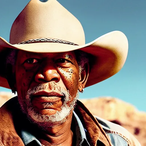 Image similar to an film still of morgan freeman as cowboy with beard, western background, unreal engine