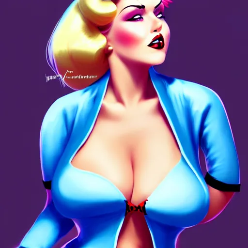 Image similar to rockabilly curvy woman long hair, blonde, blue eyes, wholesome, country, southern, digital art, cinematic, concept art, 8k, painting, imaginefx, cgsociety, trending on artstation, wide shot, full shot