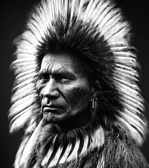 Prompt: Award winning Editorial photo of a Native Iroquois with incredible hair wearing traditional garb by Edward Sherriff Curtis and Lee Jeffries, 85mm ND 5, perfect lighting, gelatin silver process Yoji Shinkawa Sandra Chevrier Richard Schmid Jeremy Lipking