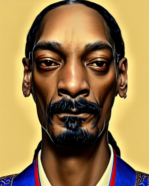 Prompt: portrait of snoop dogg, machine face, upper body, decorated with chinese opera motifs, asian, traditional chinese art, intricate, elegant, highly detailed, digital painting, artstation, concept art, smooth, sharp focus, illustration, art by artgerm and greg rutkowski and alphonse mucha, 8 k