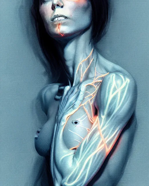 Image similar to female posing sensual figure x - ray, skeletal, glowing veins under translucent skin, highly detailed skin, bioluminescent, plasma, greg rutkowski, 8 k trending on artstation